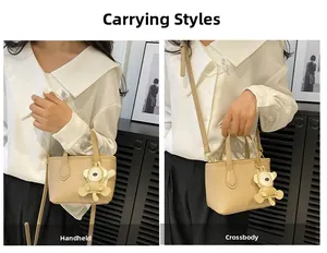 Litchi pattern bucket bag showing hand-carried and crossbody wearing styles with a charm