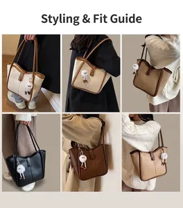 Multiple views of tote bags with plush monster charms on model outfits