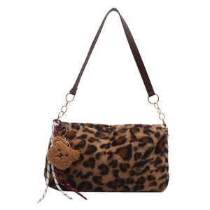 Schicke Damen-Einkaufstasche mit Leopardenmuster, Plüschoberfläche und Bären-Anhänger