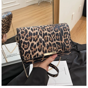 Detail of leopard print crossbody bag with gold chain strap and metal buckle closure