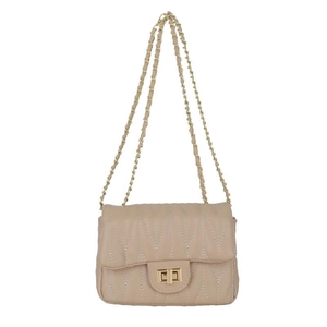 Minimalist beige quilted crossbody square bag with gold chain strap and turn-lock closure