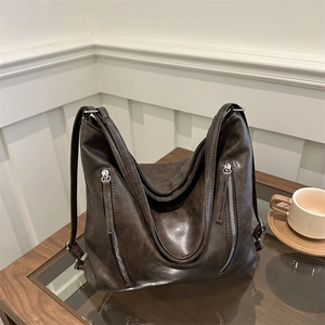 Retro dark brown large hobo tote bag with silver dual zippers and adjustable shoulder strap