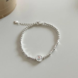 S925 silver tulip bracelet featuring bamboo joints and pink flower enamel pendant