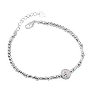 S925 silver tulip bracelet with bamboo links, beads, and pink flower enamel pendant