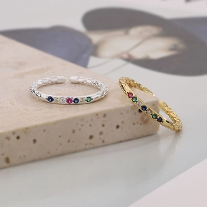 Elegant S925 silver adjustable rings with colorful zircons and vintage relief texture