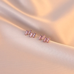 Geometric Purple Zircon Stud Earrings Copper Baguette Crystal French Style Women 925 Sterling Silver Earring Post