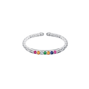 S925 silver irregular open ring with colorful gemstones in a delicate row setting