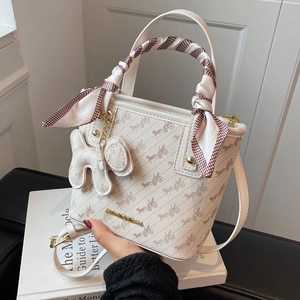 Vintage Horse Print PU Leather Handbag Scarf Wrapped Handle Animal Charm Crossbody Shoulder Bucket Bag For Women