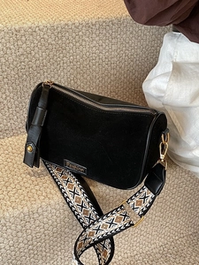Retro black cylinder Boston bag with ethnic strap and high-quality suede leather patchwork