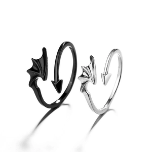 Minimalist black and silver angel demon wing couple rings set for fashion lovers