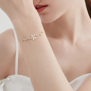 Elegant Copper Flower Butterfly Bracelet With White Cat Eye Stone And Zirconia Adjustable Bolo Chain Jewelry For Women