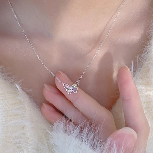 Hollow butterfly necklace with colorful zircon stones on silver-toned chain for women