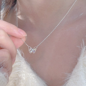 Butterfly Pendant Necklace Copper Colorful Cubic Zirconia Hollow Sweet Aesthetic Dainty Jewelry For Women
