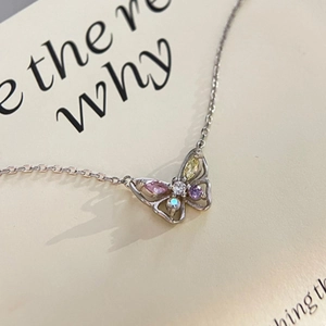 Silver butterfly necklace with colorful zircon stones on a minimalist dainty chain