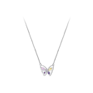 Hollow butterfly necklace with colorful zircon gemstones in silver on a white background