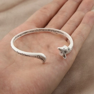 Frosted S925 silver fox open bangle with detailed scripture engravings on band