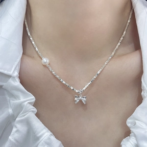 Bowknot Artificial Pearl Necklace 925 Sterling Silver Irregular Beads Choker French Sweet Elegant Jewelry For Women