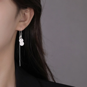 Close-up of minimalist S925 silver long tassel earrings with frosted round pendants