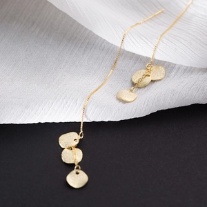 Elegant 925 silver gold tassels earrings with frosted round discs and long chain for women