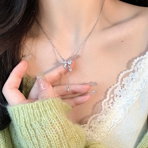 Bowknot Zircon Tassel Necklace Copper Star Pendant Clavicle Chain For Women Sweet Minimalist Style Jewelry