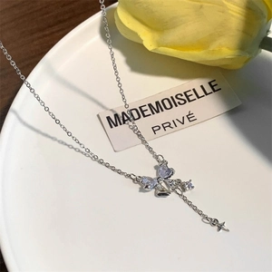 Elegant 925 silver bow necklace with blue heart zircon butterfly and star tassel pendant