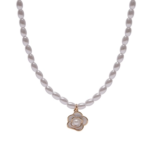 Elegant S925 silver camellia flower pendant necklace with white pearls on white background