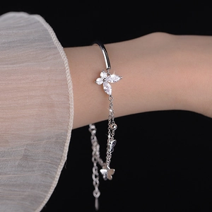 Butterfly Cubic Zirconia Semi-Cuff Bangle Bracelet Double Layer Chain Copper Inlaid Elegant Jewelry For Women