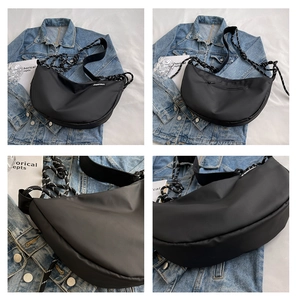 Detailed views of a black crescent nylon crossbody bag with woven rope and multi-pockets