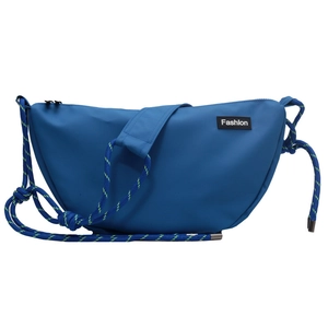 Detailed close-up of blue waterproof nylon sling bag with stylish braided rope strap