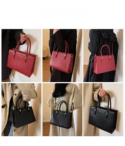 Dettaglio di eleganti borse tote rosse e nere mostrate in diversi modi di trasporto