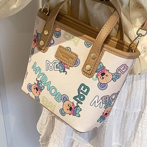 Sac fourre-tout beige avec motif souris dessin animé et anses en cuir marron