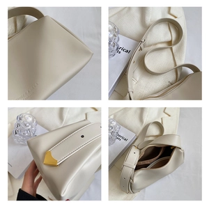 Detailed views of beige leather bag showing golden hardware and interior compartments