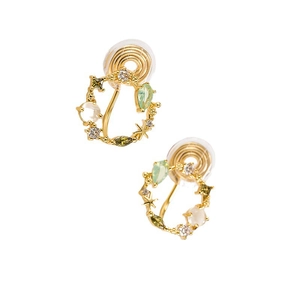 Exquisite cat eye stone wreath clip earrings with colorful zircons in gold plating