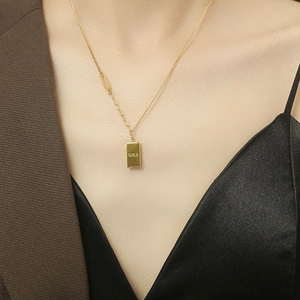 Gold Plated Copper Necklace Asymmetric Mixed Chain Rectangle Bar Pendant Minimalist Prosperity Jewelry For Women