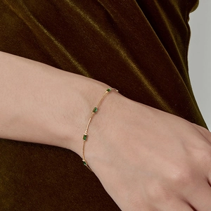 Copper Gold Plated Bracelet With Emerald Green Zircon Rectangular Geometric Adjustable Chain For Women Vintage
