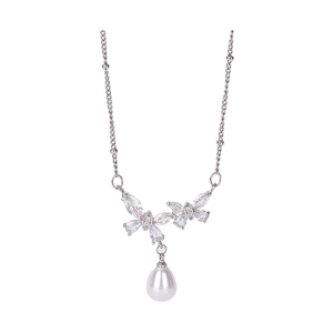 Collier élégant en forme de nœud avec zircons marquises et pendentif perle blanche en goutte