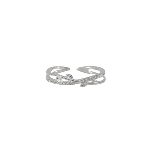 Bague croisée ajustable en argent S925 motif feuilles d'olivier et zircons brillants