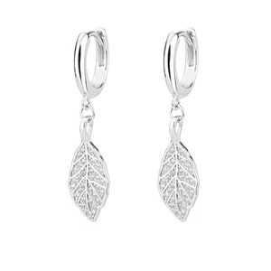 Elegant leaf-shaped hoop earrings with shimmering crystal accents on white background