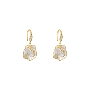 Elegant gold camellia drop earrings with white layered petals and sparkling crystals