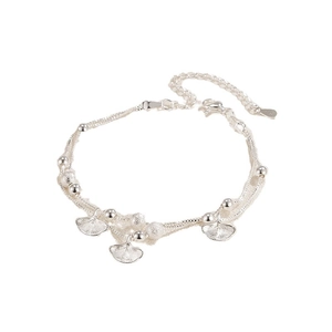 Elegant S925 sterling silver ginkgo leaf double-layer bracelet with polished beads