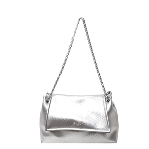 Sleek silver underarm tote bag with textured metallic finish and silver chain strap