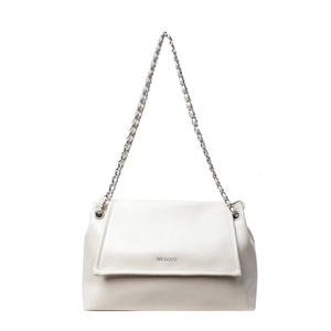 Detailed view of cream-white leather tote with silver chain strap and WEGOCO logo