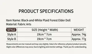 Specifications of black and white plaid gnome dolls featuring 19x7cm size and fabric material