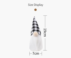 Size details of a 19cm tall gnome doll with black and white plaid hat and white beard