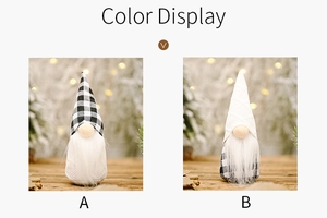 Detail view of two festive black and white plaid Christmas gnomes on a wooden table