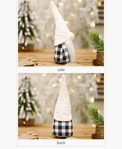 Detailed side and back views of a black and white plaid Christmas gnome with a white knit hat
