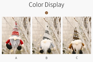 Detailed view of three striped Christmas gnome plush pendants in A, B, and C styles
