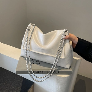Pleated Crinkle PU Leather Tote Bag For Women Metallic Silver Black White Chain Strap Underarm Shoulder Bag Handbag Gift