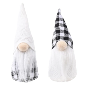 Set of 2 black and white buffalo plaid Christmas gnomes with long white faux fur beards