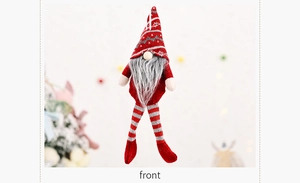 Front view of a plush Christmas gnome with red hat and long striped legs for decoration